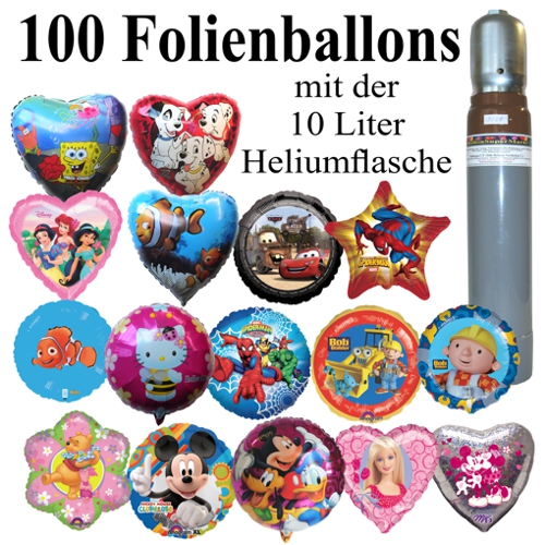 Folienballon Maxi Set, 100 Luftballons aus Folie zur Auswahl mit 10 Liter Ballongasflasche