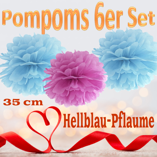 Pompoms-in-Hellblau-und-Pflaume-35-cm-6er-Set