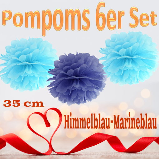 Pompoms-in-Himmelblau-und-Marineblau-35-cm-6er-Set