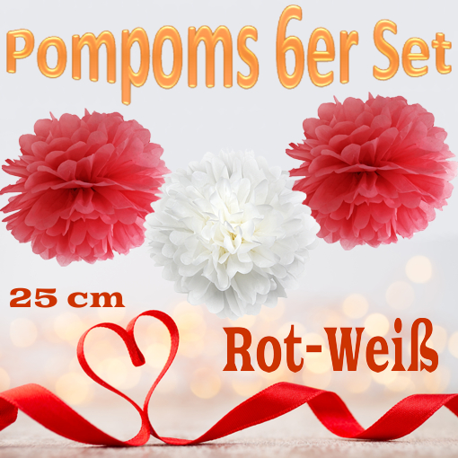 Pompoms-in-Rot-Weiss-25-cm-6er-Set