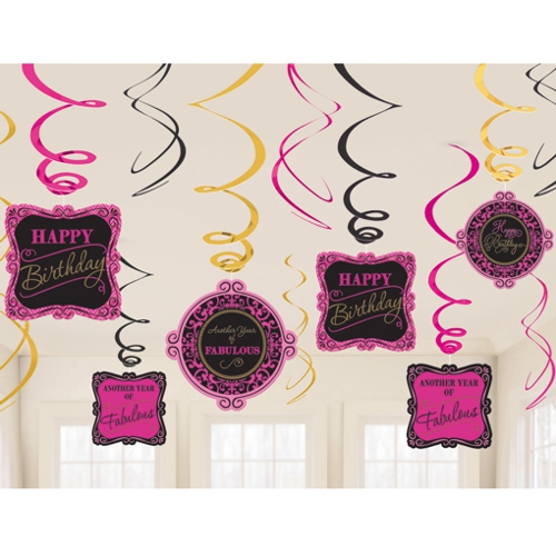 Swirl-Dekoration-Happy-Birthday-Pink-Schwarz-Gold-Geburtstag-Kindergeburtstag-Party-Fest