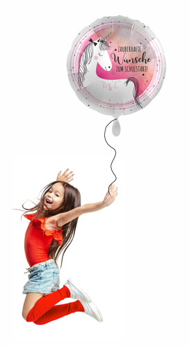 Zauberhafte-Wuensche-zum-Schulstart-satin-weisser-Luftballon-45-cm-mit-Einhorn-als-Geschenk