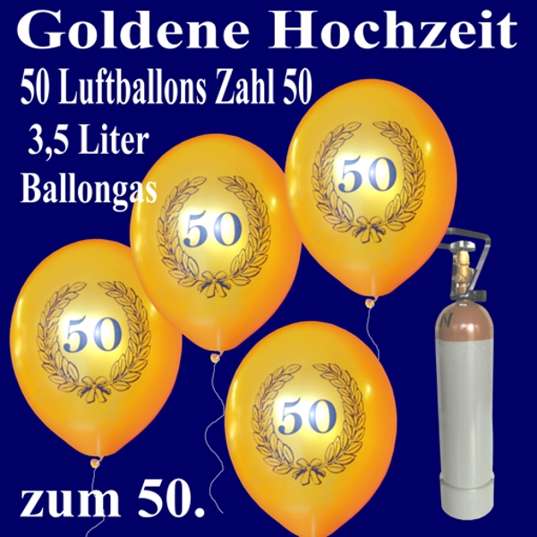 Ballons Helium Set Goldene Hochzeit, 50 goldene Ballons mit der Zahl 50 im Lorbeerkranz, 3,5 Liter Ballongasflasche