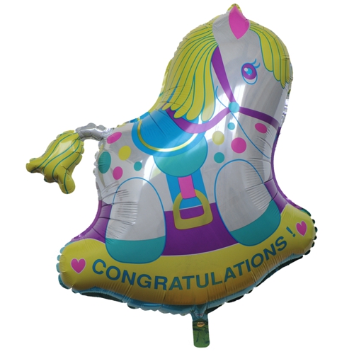 Congratulations! Glückwünsche! Großer Schaukelpferd Luftballon aus Folie mit Ballongas Helium. Ballongrüße.
