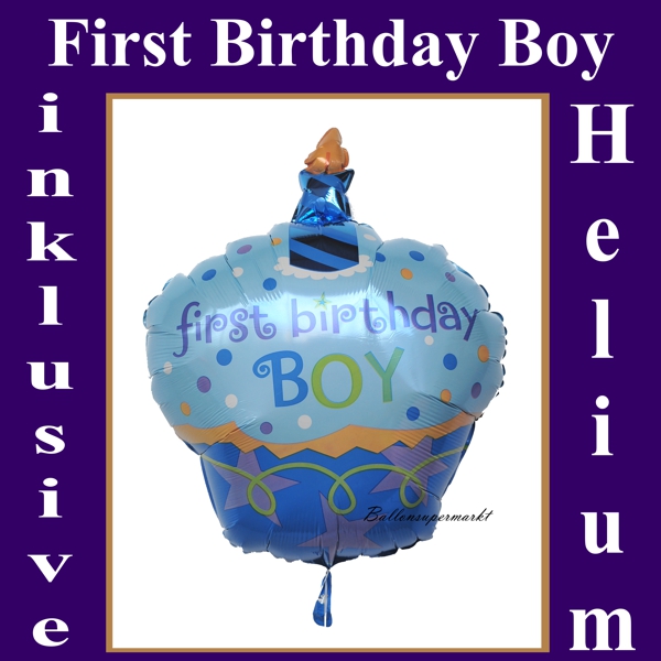Kleiner Kuchen als Luftballon zum 1. Geburtstag eines Jungen, großer Ballon mit Helium