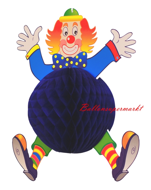Clown zur Festdekoration, Dekohänger mit blauem Wabenball, 40 cm groß