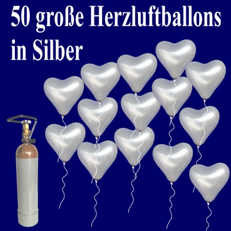Große Silberne Herzluftballons mit Helium, Maxi Set, 50 Stück mit Ballongasflasche