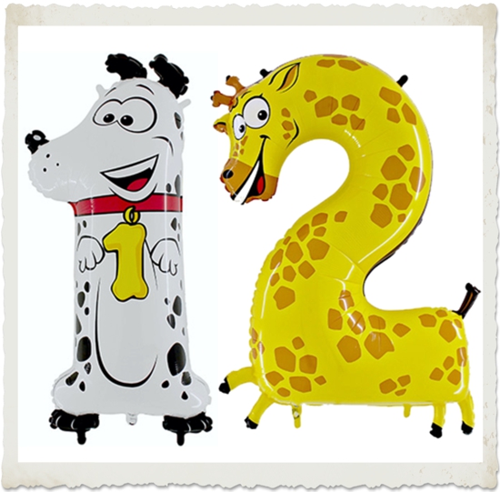 Große Zahlenballons aus Folie mit Ballongas, Zahl 12, Dalmatiner und Giraffe, zum 12. Geburtstag