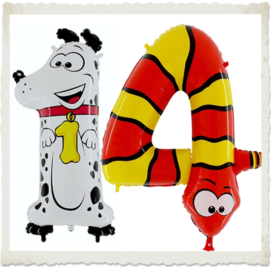 Große Zahlenballons aus Folie mit Ballongas, Zahl 14, Dalmatiner und Schlange, zum 14. Geburtstag