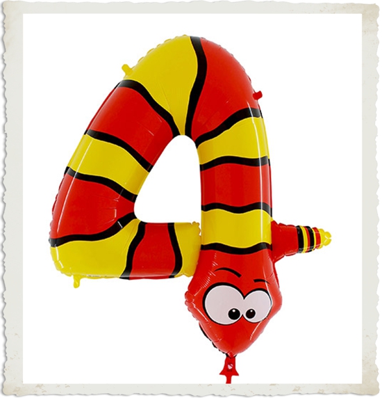 Großer Zahlenballon aus Folie mit Ballongas, Zahl 4, Schlange, zum 4. Geburtstag