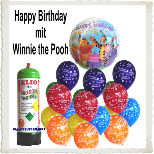 Happy Birthday mit Pooh, Luftballons Helium Set zum Kindergeburtstag