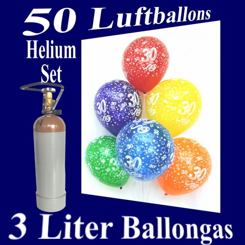 Ballons Helium Set: 50 Luftballons Zahl 30 und eine 3 Liter Ballongasflasche zum 30. Geburtstag