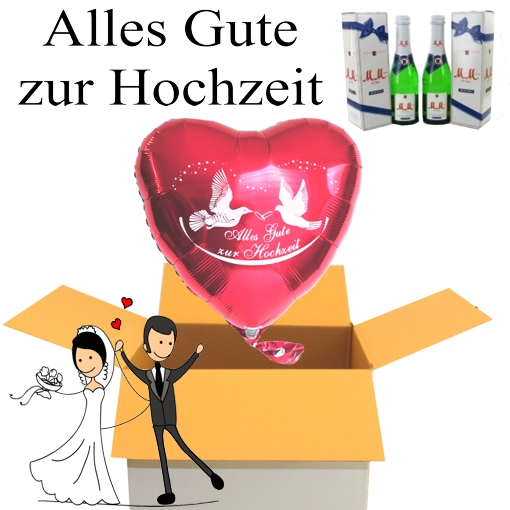 Hochzeitsglückwünsche: 1 Herzluftballon aus Folie Alles Gute zur Hochzeit und 2 Flaschen Sekt