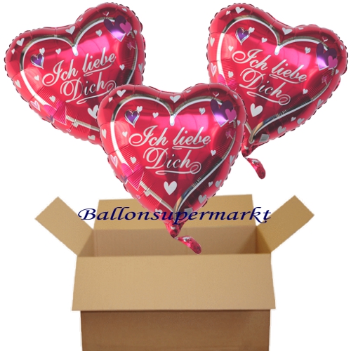 3 Herzluftballons mit Ballongas-Helium, Ich liebe dich, Liebesbotschaft