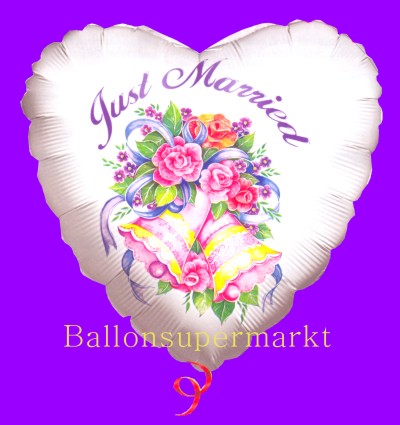 Luftballon zur Hochzeit, Herzballon Just Married mit Hochzeitsglocken