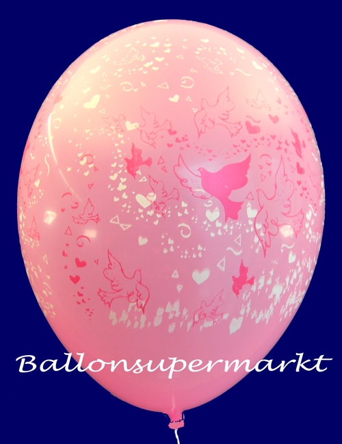 Luftballon zur Hochzeit, Latexballon rosa, mit Hochzeitstauben und Herzen