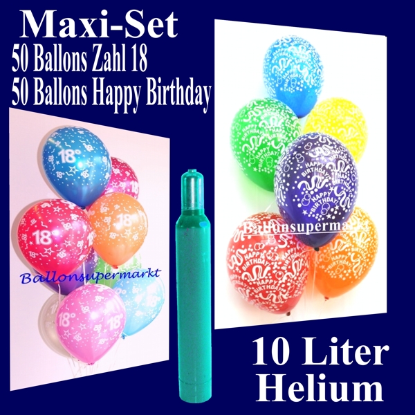 Luftballons zum 18. Geburtstag, Ballons und Helium Set, 50 Luftballons Zahl 18 und 50 Luftballons Happy Birthday inklusive 10 Liter Heliumflasche
