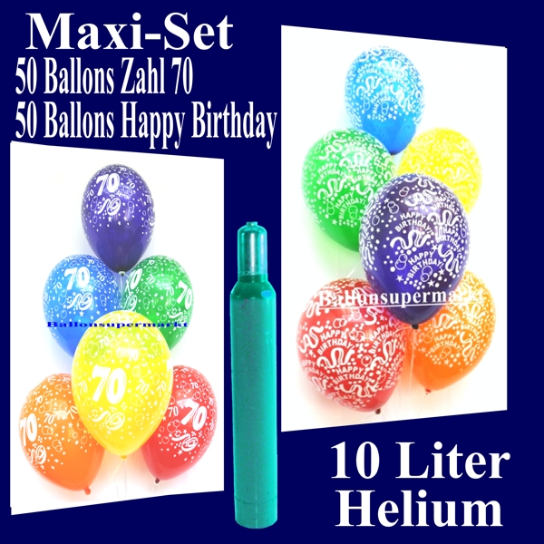 Luftballons zum 70. Geburtstag, Ballons und Helium Set, 50 Luftballons Zahl 70 und 50 Luftballons Happy Birthday inklusive 10 Liter Heliumflasche