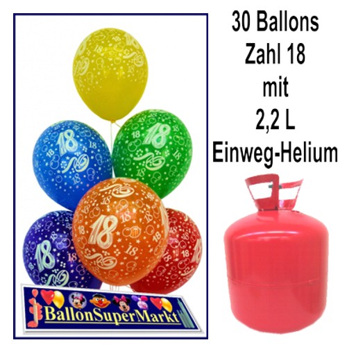 18. Geburtstag Geburtstagsidee, 30 Luftballons Zahl 18 mit Helium-Einweg