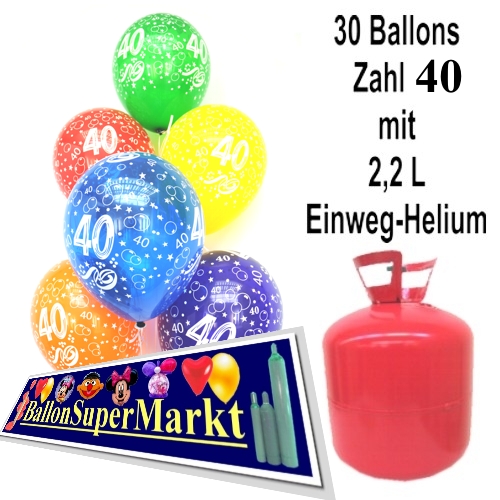 40. Geburtstag Geburtstagsidee, 30 Luftballons Zahl 40 mit Helium-Einweg