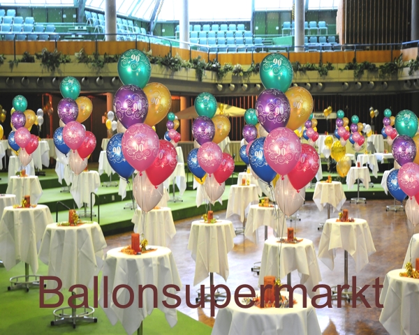 Luftballons Zahl 90, Dekoration mit Helium-Ballongas zur Geburtstagsfeier, Ballondeko zum 90. Geburtstag und Jubiläum