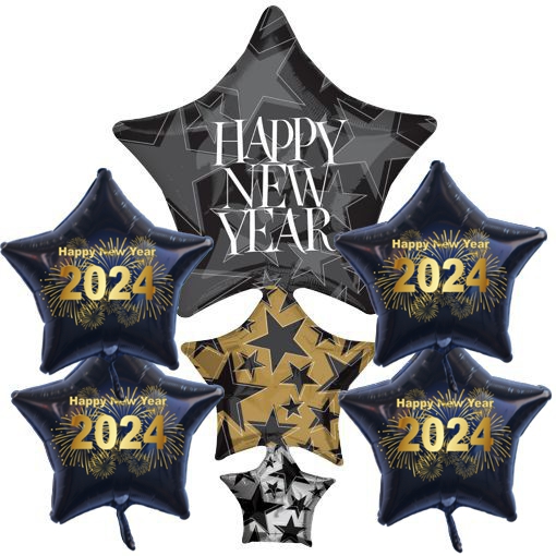 Silvesterdeko Luftballons mit Helium: 1 Cluster aus Sternballons Happy New Year und 4 schwarze Sternballons 2024