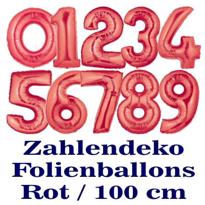 Große Zahlen-Deko Luftballons aus Folie, 100 cm, Rot, Zahlendekoration mit Folienballons