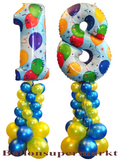 Dekoration aus Luftballons zum 18. Geburtstag, Zahl 18 mit Ballongas Helium und Luftballons aus Latex