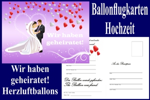 Luftballons mit Ballonflugkarten zur Hochzeit steigen lassen, Ballonflugkarten Hochzeit: Wir haben geheiratet - Herzluftballons
