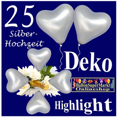 Deko Highlight zur Silberhochzeit, silberne Herzluftballons mit Helium vom Ballonsupermarkt-Onlineshop