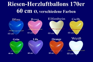 Riesen-Herzluftballons, 170er, 60 cm, verschiedene Farben - Riesen-Herzluftballons, 170er, 60 cm, verschiedene Farben