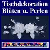 Tischdeko-Hochzeit, Weißes Rosengesteck mit Perlen (Tischdeko-Hochzeit-Rosenblueten-weiss-17234)