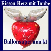 Riesen-Herzluftballon mit Taube, I Love You, Folienballon mit Ballongas (FHGE-Riesen-Herzluftballon-I-Love-You-Taube-D-66048)