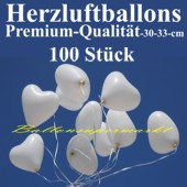 Herzluftballons Wei&szlig; 100 St&uuml;ck / Heliumqualit&auml;t (LHW100)