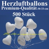Herzluftballons Wei&szlig; 500 St&uuml;ck / Heliumqualit&auml;t (LHW500)