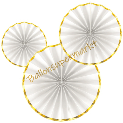 Deko-Rosetten-Faecher-Weiss-Gold-3er-Set-Raumdekoration-Silvester-Party-Festdeko