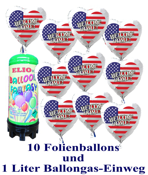 Luftballons Helium Einweg Set, 10 Folienballons USA Flagge, Welcome Home und 1 Liter Helium Einweg