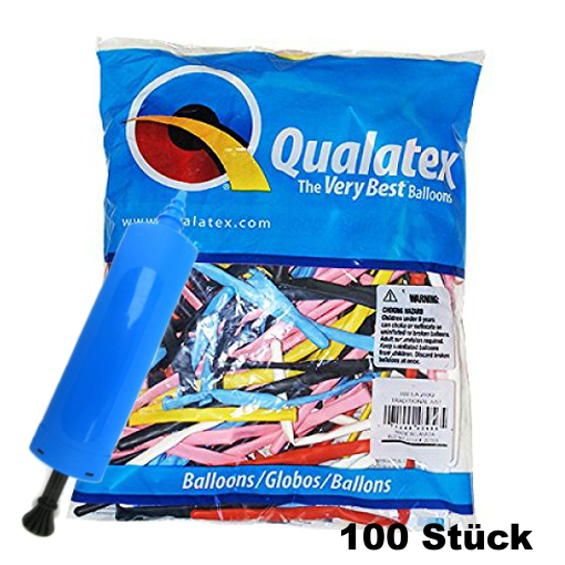 100 bunte Qualatex Modellierballons mit Ballonpumpe