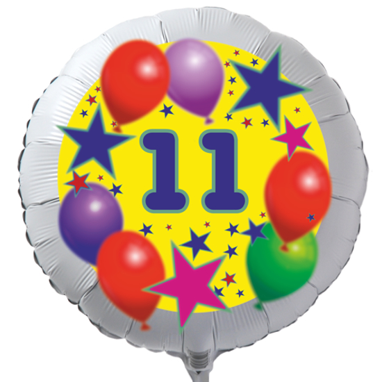 Luftballon zum 11. Geburtstag, Sterne und Luftballons, Rundballon in Weiß mit Ballongas Helium
