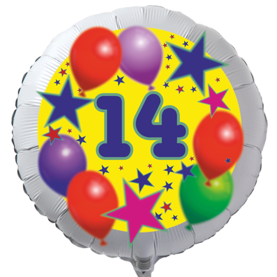 Luftballon zum 14. Geburtstag, Sterne und Luftballons, Rundballon in Weiß mit Ballongas Helium