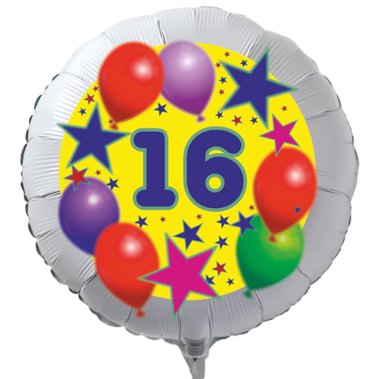Luftballon zum 16. Geburtstag, Sterne und Luftballons, Rundballon in Weiß mit Ballongas Helium