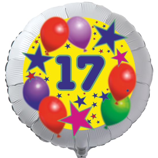 Luftballon zum 17. Geburtstag, Sterne und Luftballons, Rundballon in Weiß mit Ballongas Helium