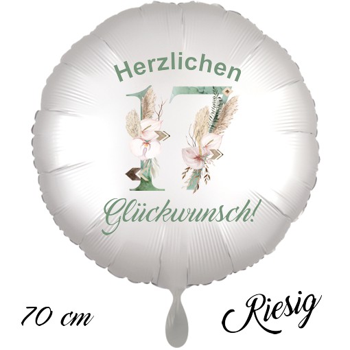 Großer Luftballon zum 17. Geburtstag mit Helium, Herzlichen Glückwunsch - Boho