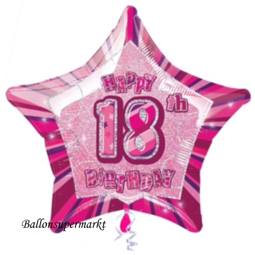 Folienballon 18. Geburtstag, Luftballon aus Folie, Happy 18TH Birthday, großer prismatischer Sternballon in Rosa
