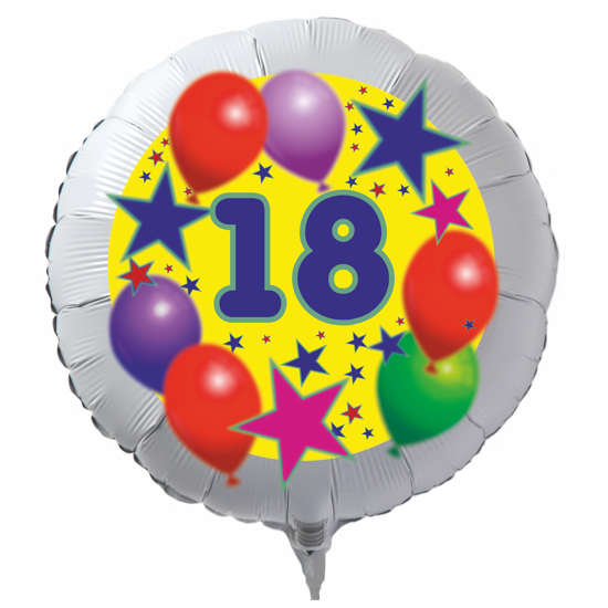 Luftballon zum 18. Geburtstag, Sterne und Luftballons, Rundballon in Weiß mit Ballongas Helium
