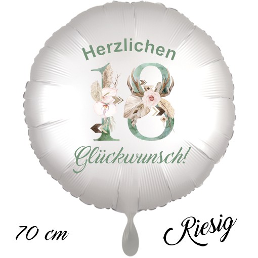 Großer Luftballon zum 18. Geburtstag mit Helium, Herzlichen Glückwunsch - Boho