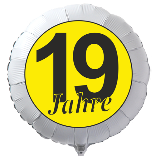 Luftballon zum 19. Geburtstag, 19 Jahre in Schwarz-Gelb, Rundballon in Weiß mit Ballongas Helium