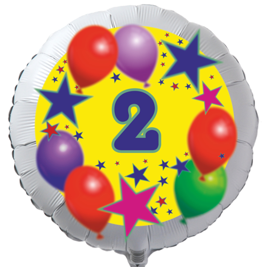 Luftballon zum 2. Geburtstag, Sterne und Luftballons, Rundballon in Weiß mit Ballongas Helium
