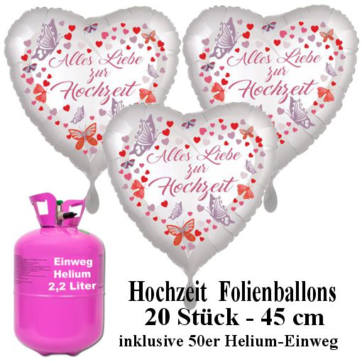 20 weiße Alles Liebe zur Hochzeit Herzballons mit Heliumflasche 20 weiße Alles Liebe zur Hochzeit Herzballons mit Heliumflasche