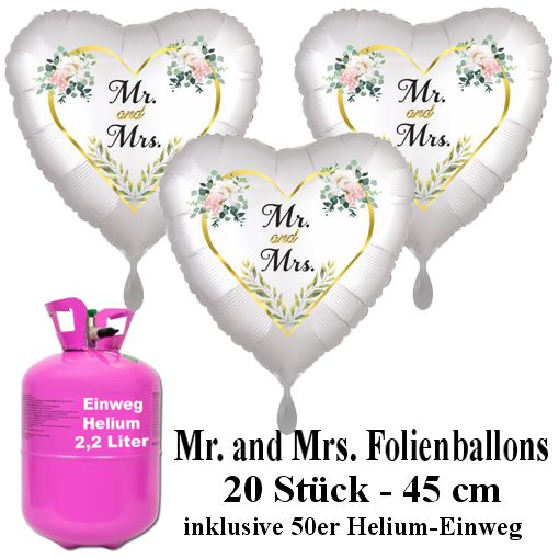 20 weiße Mr. and Mrs. Herzballons mit Heliumflasche